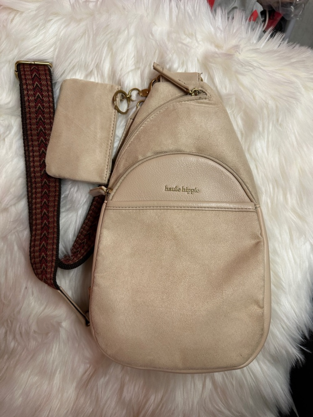 Haute Hippie Beige Crossbody Sling with Patterned Strap
